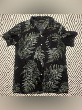 Black green button down fern plant botanical whimsical shirt 100% cotton